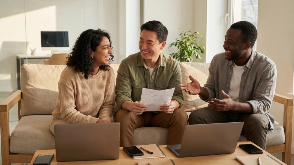 Three people sitting together on a sofa in a bright, modern office, smiling and collaborating during a group discussion, with laptops and notes open on a coffee table, representing teamwork, communication, and support.
